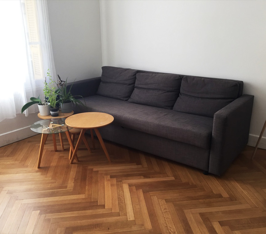 Un espace de vie comprenant un canapé, une table et une plante, sur un sol en parquet, offrant une atmosphère chaleureuse.