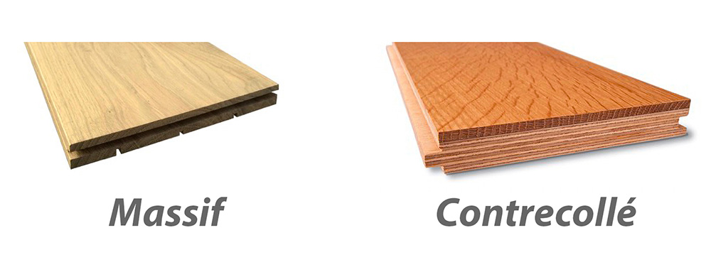 Échantillons de parquet en bois massif ou contrecollé, illustrant les possibilités de choix de type de parquet en bois naturel